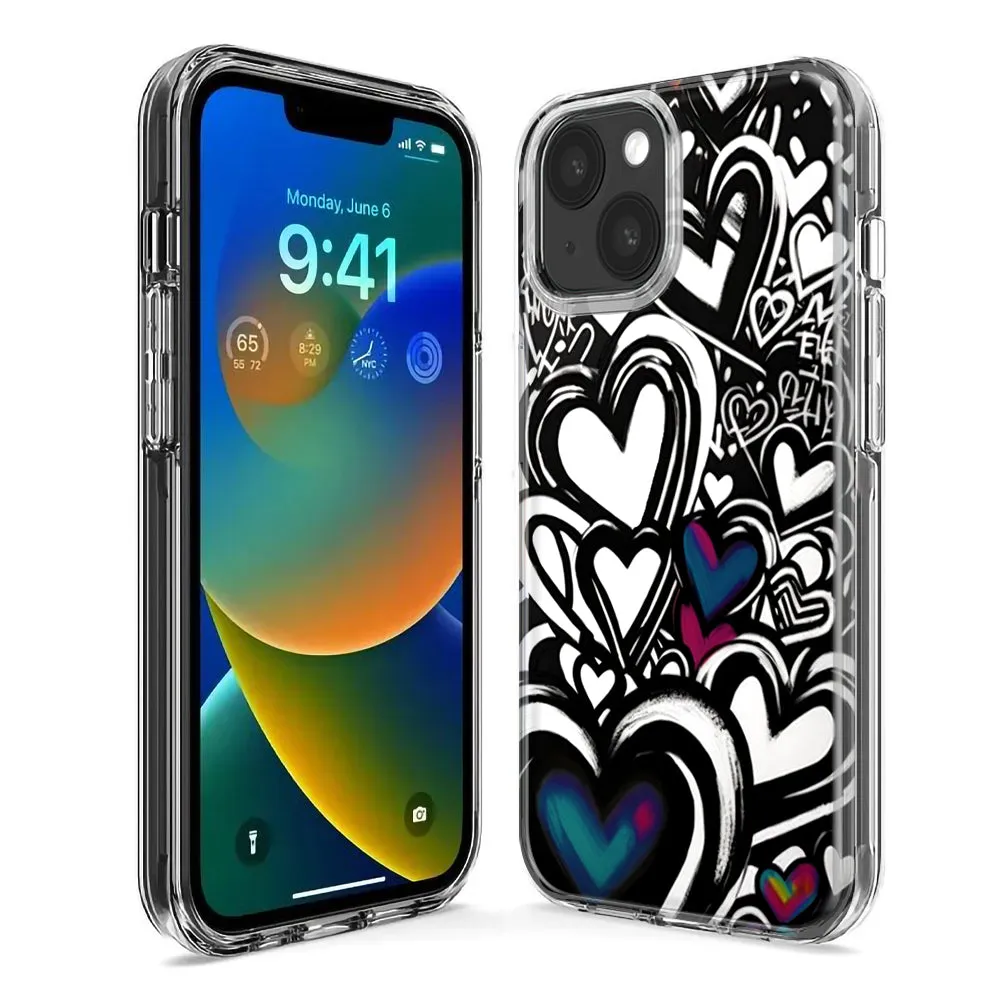 For Apple iPhone 15 Pro Max Black White Hearts Love Graffiti Design Hybrid Protective Phone Case Cover