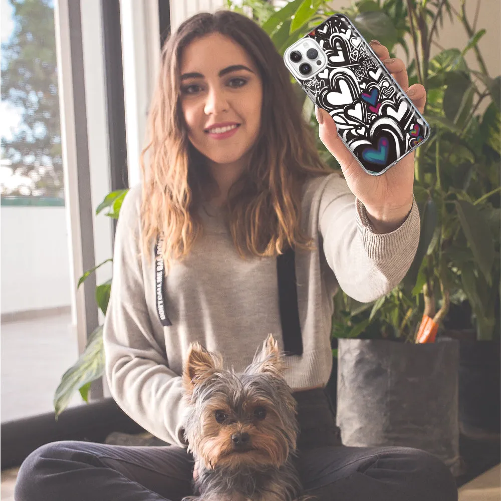 For Apple iPhone 15 Pro Max Black White Hearts Love Graffiti Design Hybrid Protective Phone Case Cover