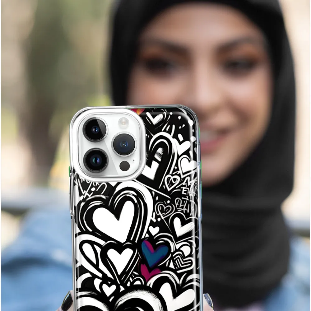 For Apple iPhone 15 Pro Max Black White Hearts Love Graffiti Design Hybrid Protective Phone Case Cover