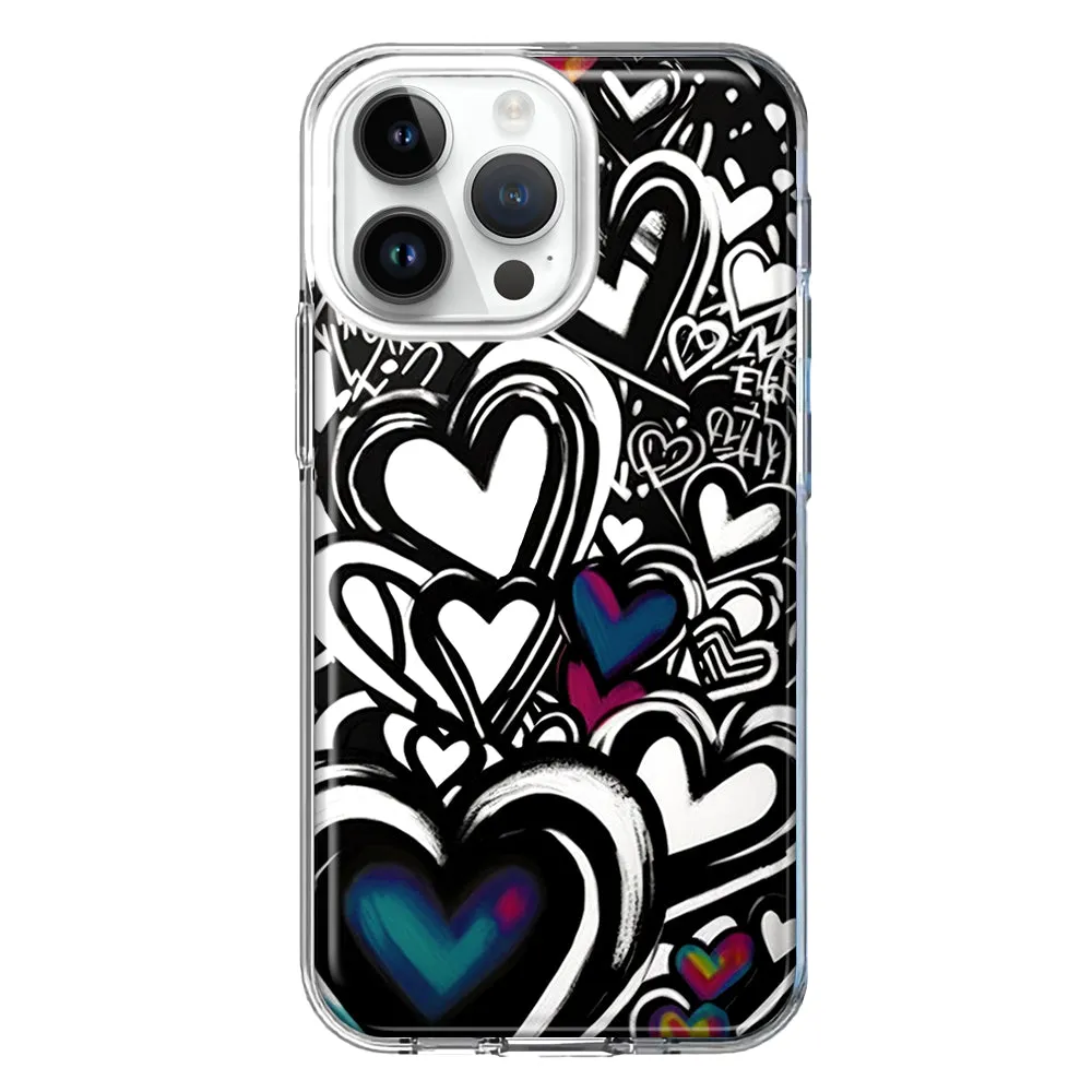 For Apple iPhone 15 Pro Max Black White Hearts Love Graffiti Design Hybrid Protective Phone Case Cover