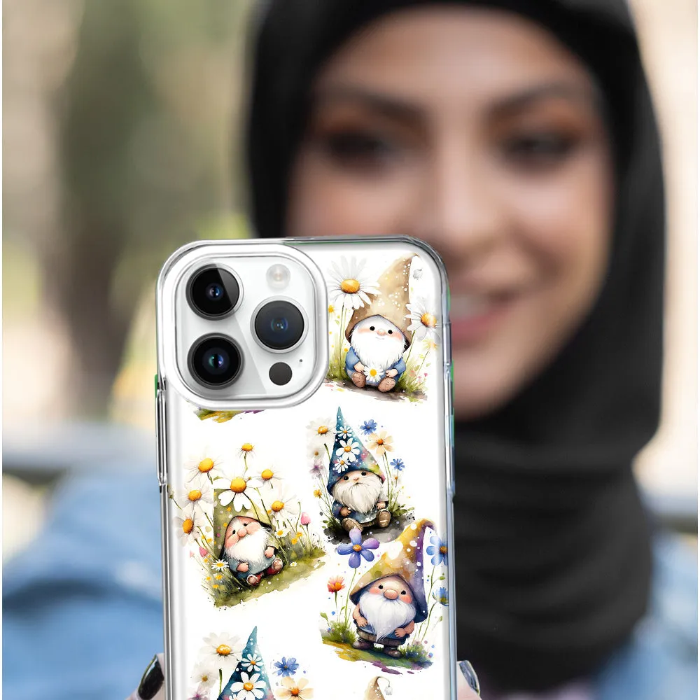 For Apple iPhone 15 Pro Max Cute White Blue Daisies Gnomes Design Hybrid Protective Phone Case Cover