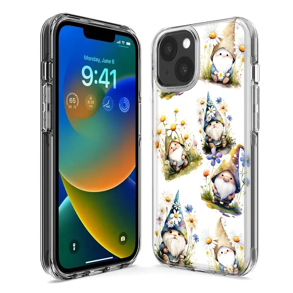 For Apple iPhone 15 Pro Max Cute White Blue Daisies Gnomes Design Hybrid Protective Phone Case Cover