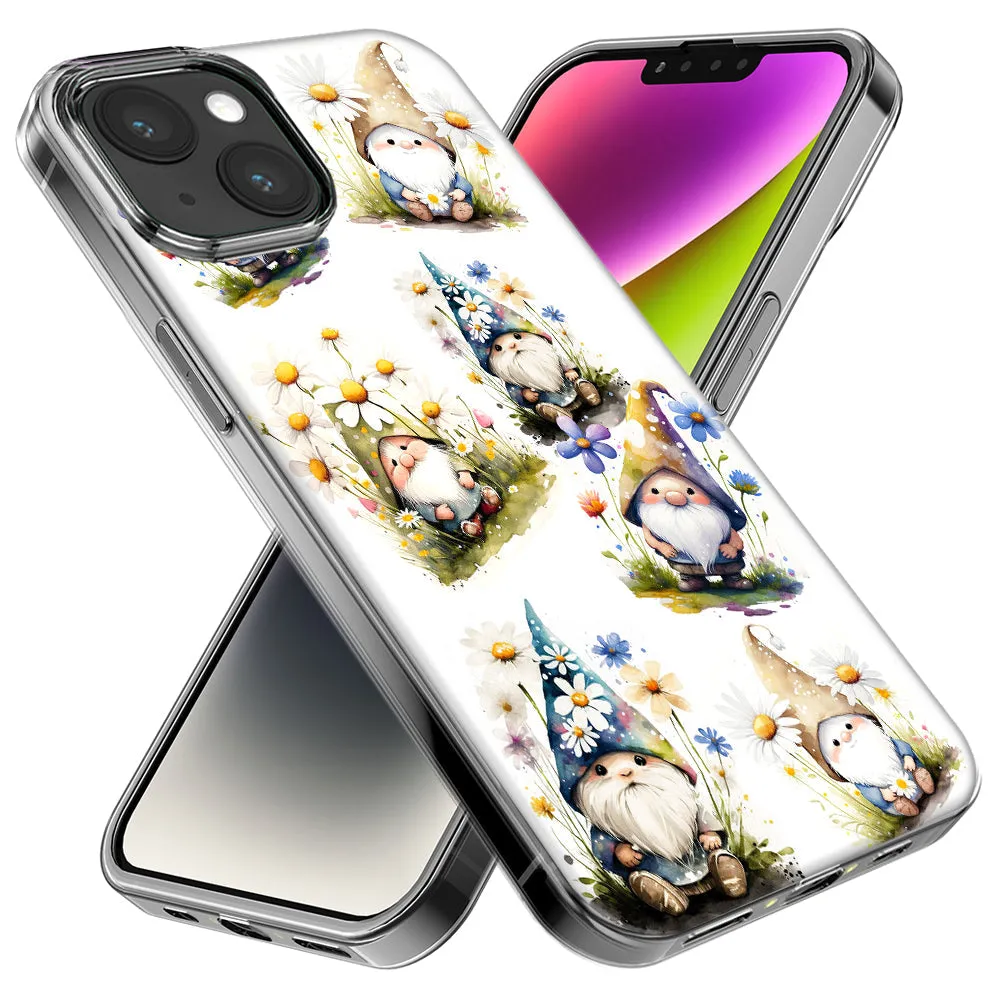 For Apple iPhone 15 Pro Max Cute White Blue Daisies Gnomes Design Hybrid Protective Phone Case Cover
