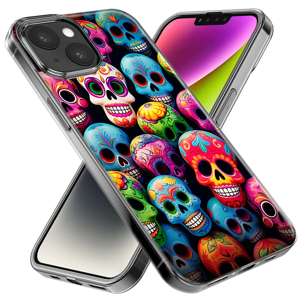 For Apple iPhone 15 Pro Max Halloween Spooky Colorful Day of the Dead Skulls Design Hybrid Protective Phone Case Cover