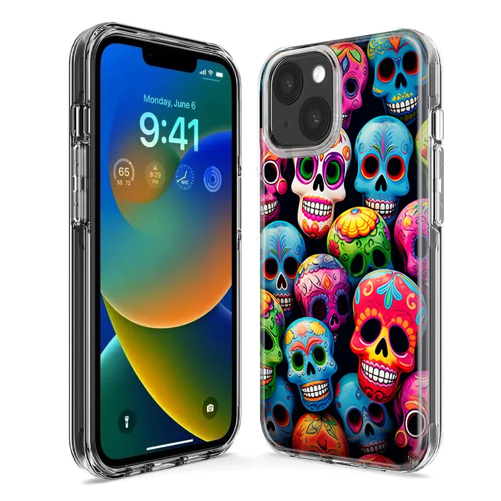 For Apple iPhone 15 Pro Max Halloween Spooky Colorful Day of the Dead Skulls Design Hybrid Protective Phone Case Cover