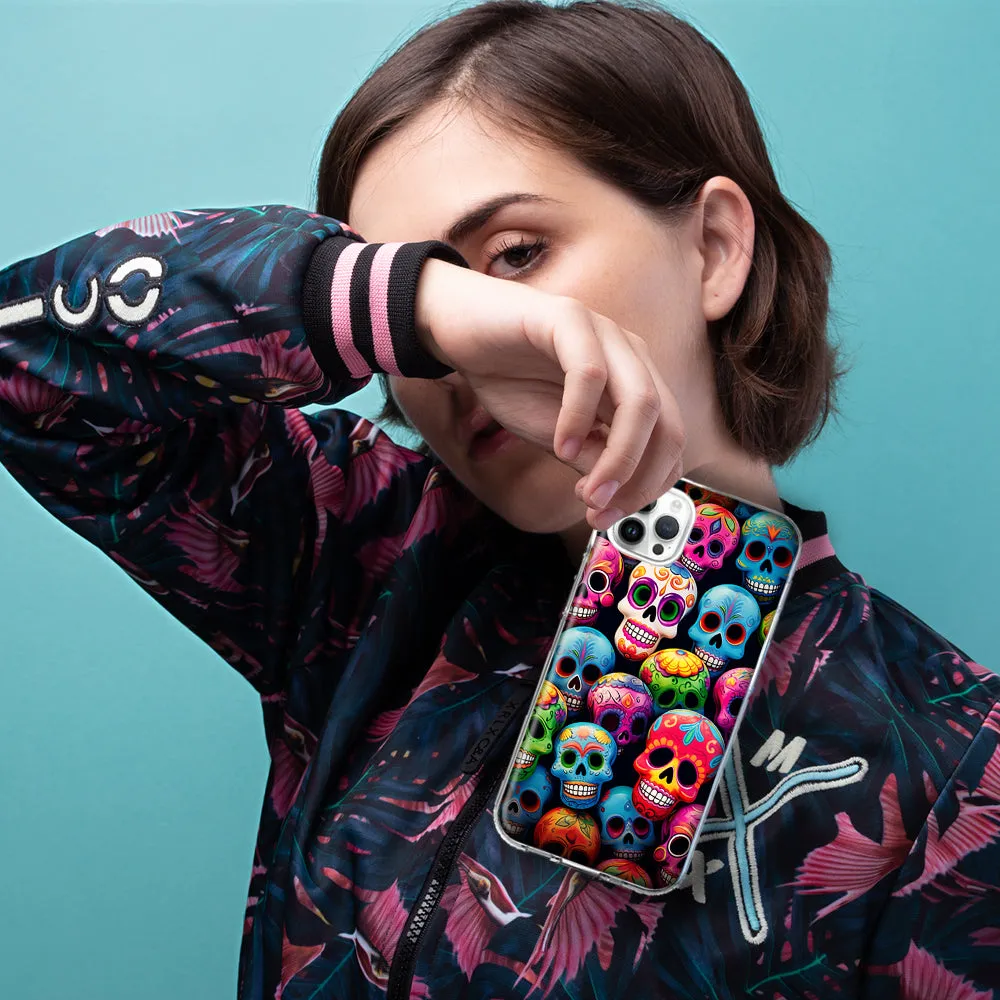 For Apple iPhone 15 Pro Max Halloween Spooky Colorful Day of the Dead Skulls Design Hybrid Protective Phone Case Cover