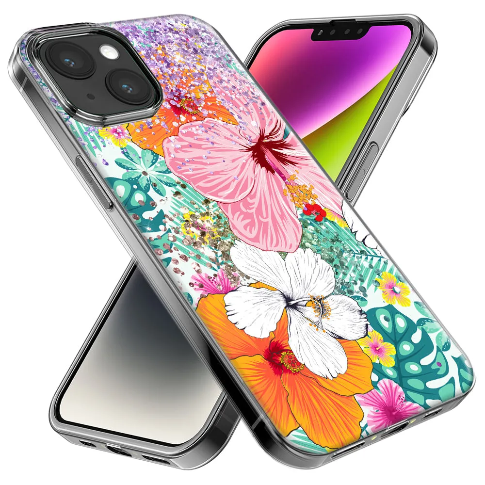 For Apple iPhone 15 Pro Max Hawaiian Vibes Hibiscus Flowers Monstera Vacation Summer Design Hybrid Protective Phone Case Cover