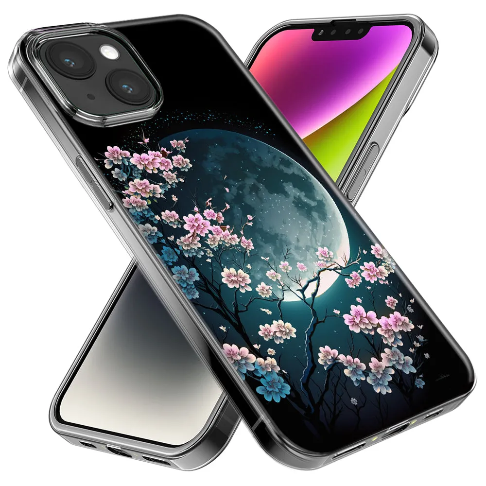 For Apple iPhone 15 Pro Max Kawaii Manga Pink Cherry Blossom Full Moon Design Hybrid Protective Phone Case Cover