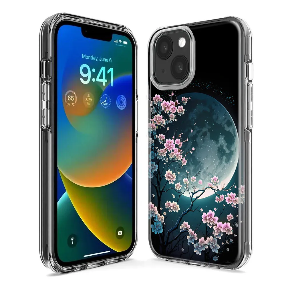 For Apple iPhone 15 Pro Max Kawaii Manga Pink Cherry Blossom Full Moon Design Hybrid Protective Phone Case Cover