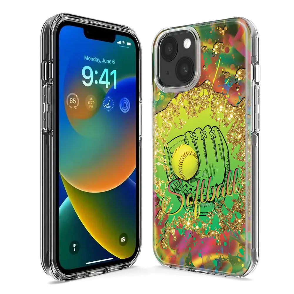 For Apple iPhone 15 Pro Max Love Softball Girls Glove Green Tie Dye Swirl Paint Design Hybrid Protective Phone Case Cover