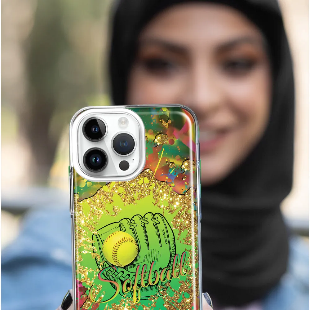For Apple iPhone 15 Pro Max Love Softball Girls Glove Green Tie Dye Swirl Paint Design Hybrid Protective Phone Case Cover