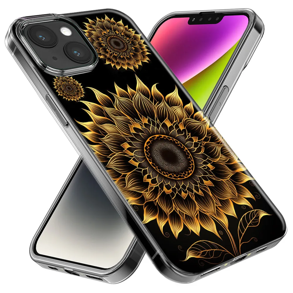 For Apple iPhone 15 Pro Max Mandala Geometry Abstract Sunflowers Pattern Design Hybrid Protective Phone Case Cover