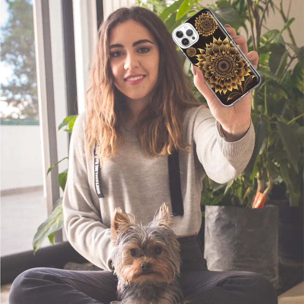For Apple iPhone 15 Pro Max Mandala Geometry Abstract Sunflowers Pattern Design Hybrid Protective Phone Case Cover