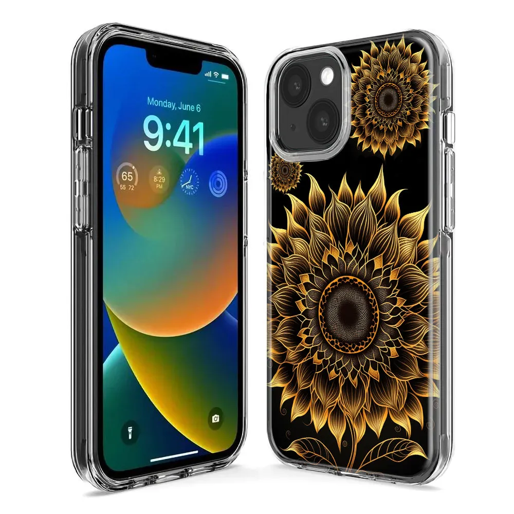 For Apple iPhone 15 Pro Max Mandala Geometry Abstract Sunflowers Pattern Design Hybrid Protective Phone Case Cover