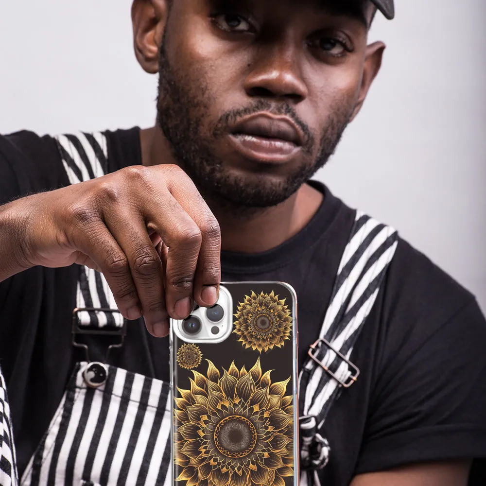 For Apple iPhone 15 Pro Max Mandala Geometry Abstract Sunflowers Pattern Design Hybrid Protective Phone Case Cover