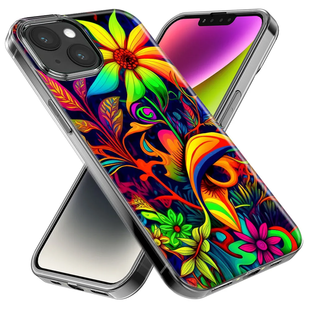 For Apple iPhone 15 Pro Max Neon Rainbow Psychedelic Trippy Hippie Daisy Flowers Design Hybrid Protective Phone Case Cover