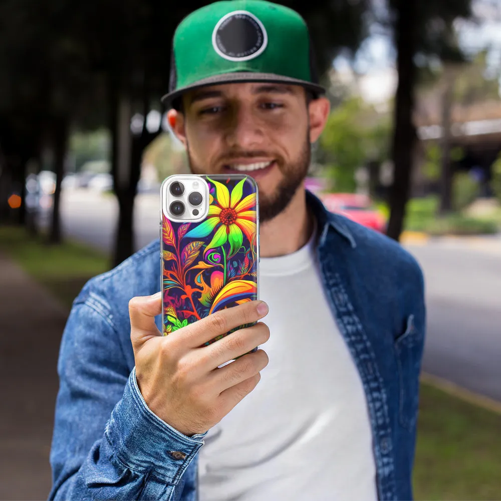 For Apple iPhone 15 Pro Max Neon Rainbow Psychedelic Trippy Hippie Daisy Flowers Design Hybrid Protective Phone Case Cover