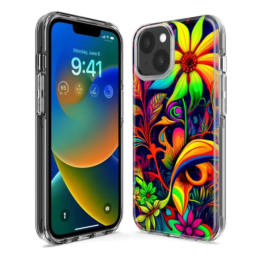 For Apple iPhone 15 Pro Max Neon Rainbow Psychedelic Trippy Hippie Daisy Flowers Design Hybrid Protective Phone Case Cover
