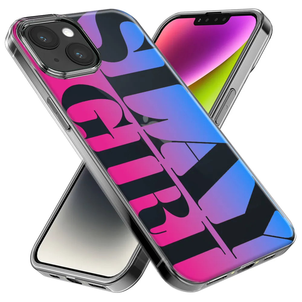 For Apple iPhone 15 Pro Max Pink Blue Clear Funny Text Quote Slay Girl Design Hybrid Protective Phone Case Cover