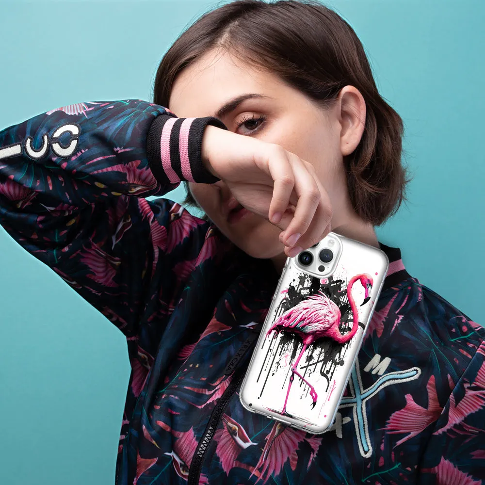 For Apple iPhone 15 Pro Max Pink Flamingo Painting Graffiti Design Hybrid Protective Phone Case Cover
