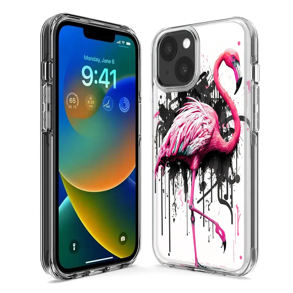 For Apple iPhone 15 Pro Max Pink Flamingo Painting Graffiti Design Hybrid Protective Phone Case Cover