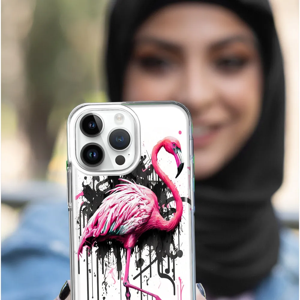 For Apple iPhone 15 Pro Max Pink Flamingo Painting Graffiti Design Hybrid Protective Phone Case Cover