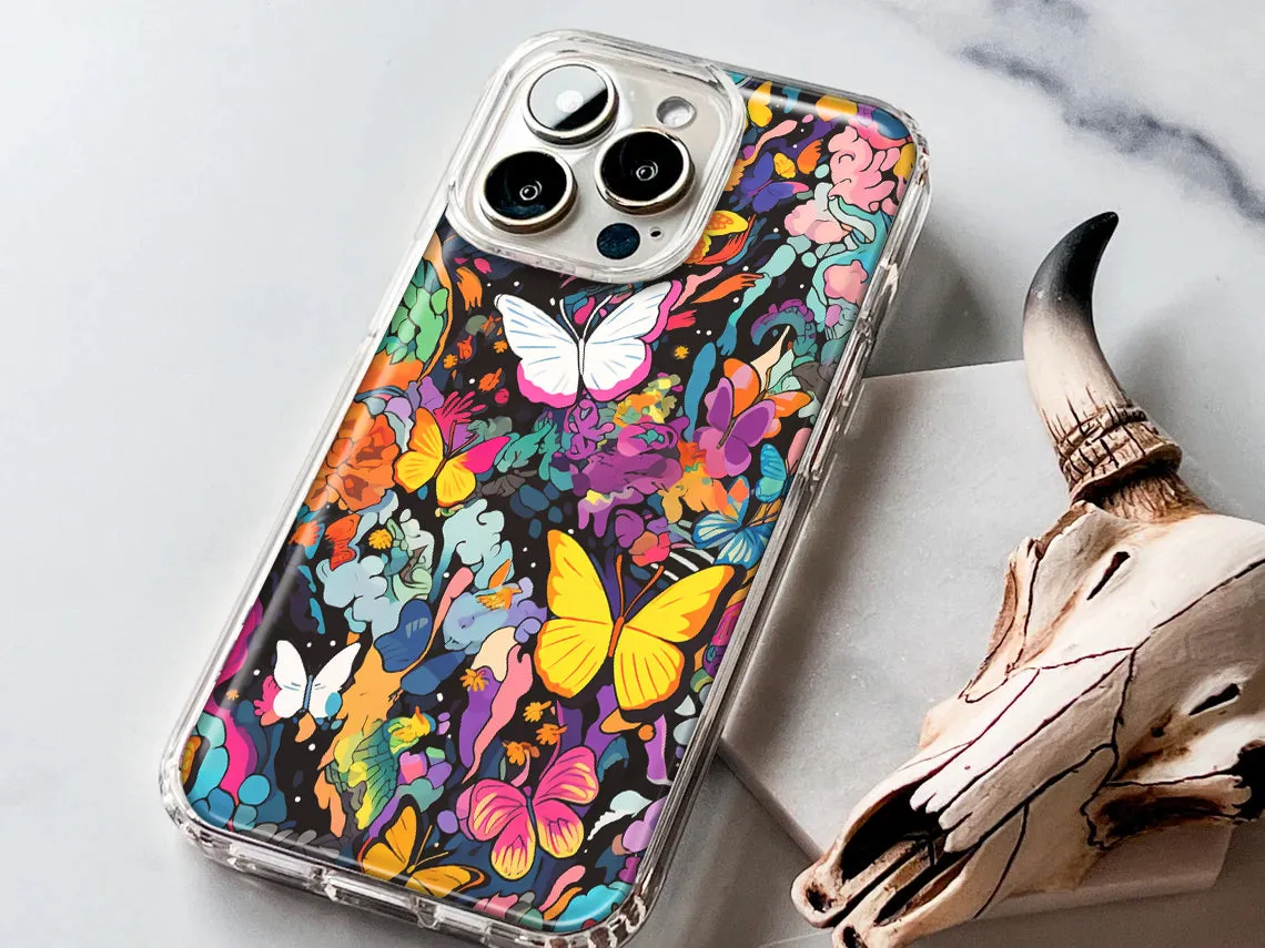 For Apple iPhone 15 Pro Max Psychedelic Trippy Butterflies Pop Art Design Hybrid Protective Phone Case Cover