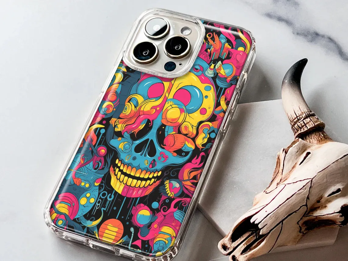 For Apple iPhone 15 Pro Max Psychedelic Trippy Death Skull Pop Art Design Hybrid Protective Phone Case Cover