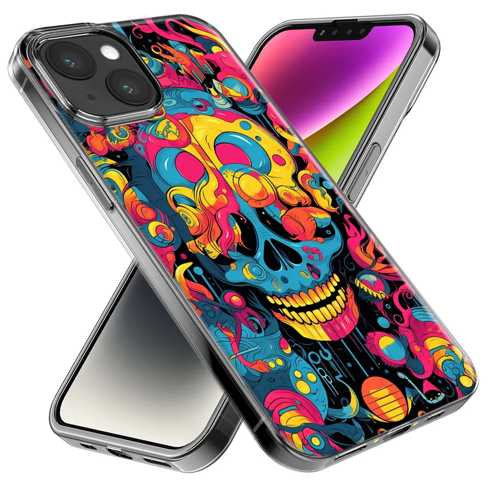 For Apple iPhone 15 Pro Max Psychedelic Trippy Death Skull Pop Art Design Hybrid Protective Phone Case Cover