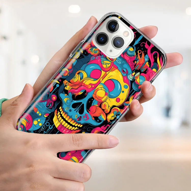 For Apple iPhone 15 Pro Max Psychedelic Trippy Death Skull Pop Art Design Hybrid Protective Phone Case Cover