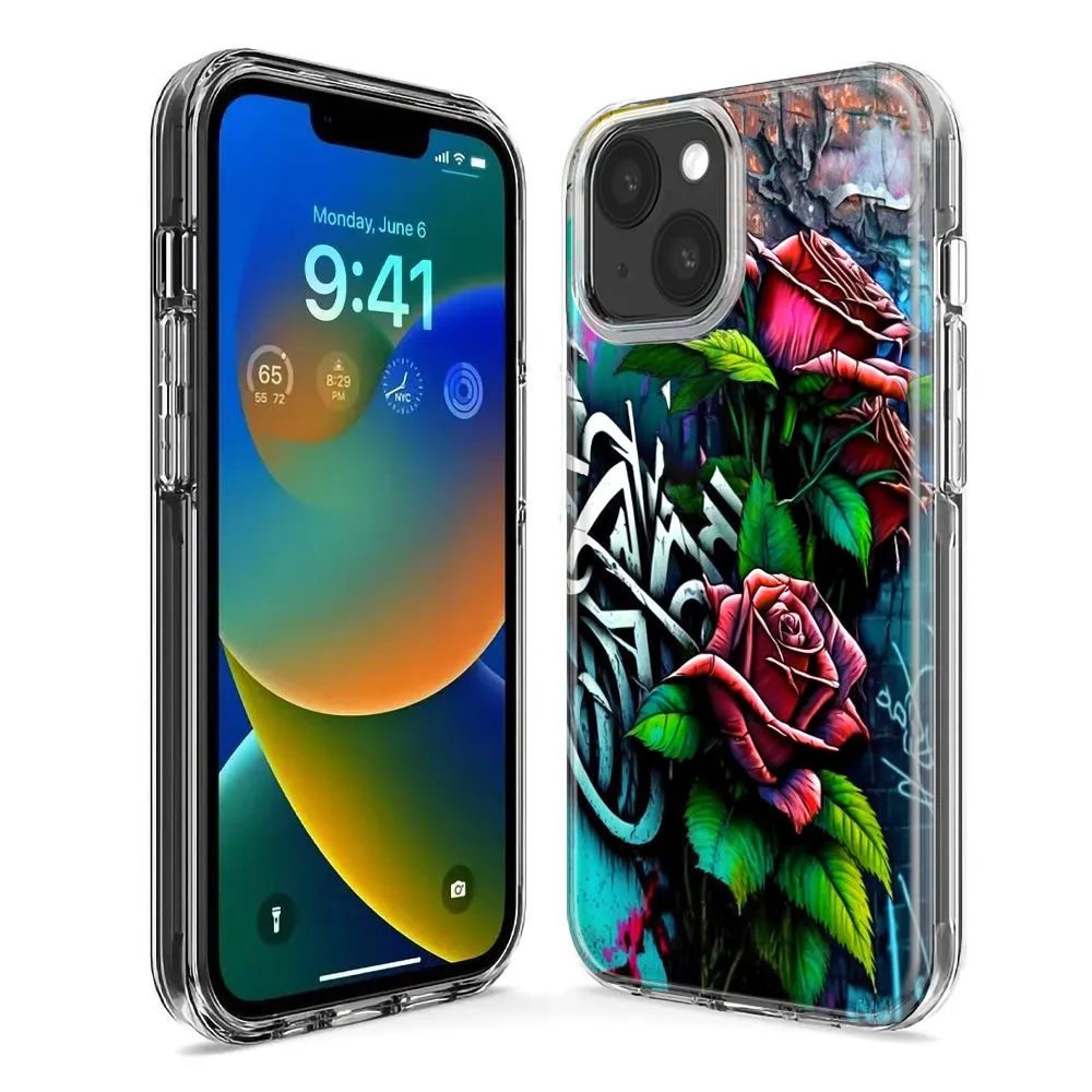 For Apple iPhone 15 Pro Max Red Roses Graffiti Painting Art Design Hybrid Protective Phone Case Cover