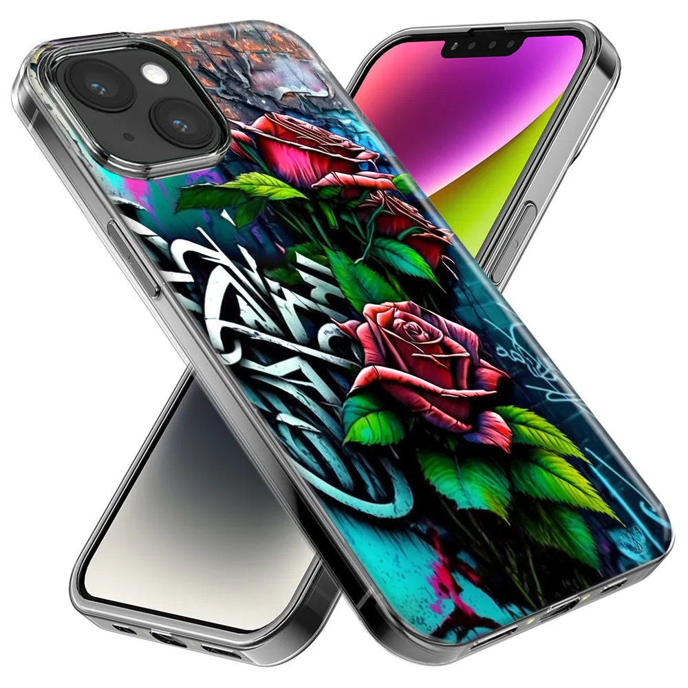 For Apple iPhone 15 Pro Max Red Roses Graffiti Painting Art Design Hybrid Protective Phone Case Cover