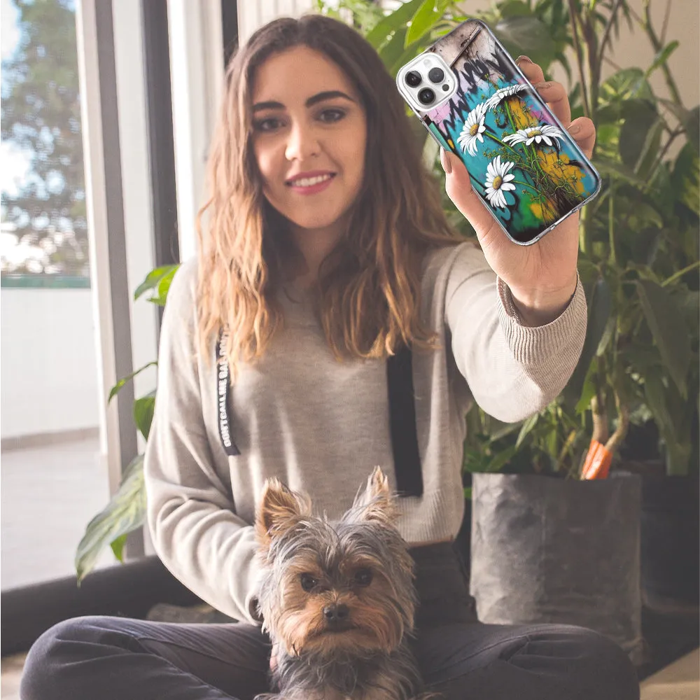 For Apple iPhone 15 Pro Max White Daisies Graffiti Wall Art Painting Design Hybrid Protective Phone Case Cover