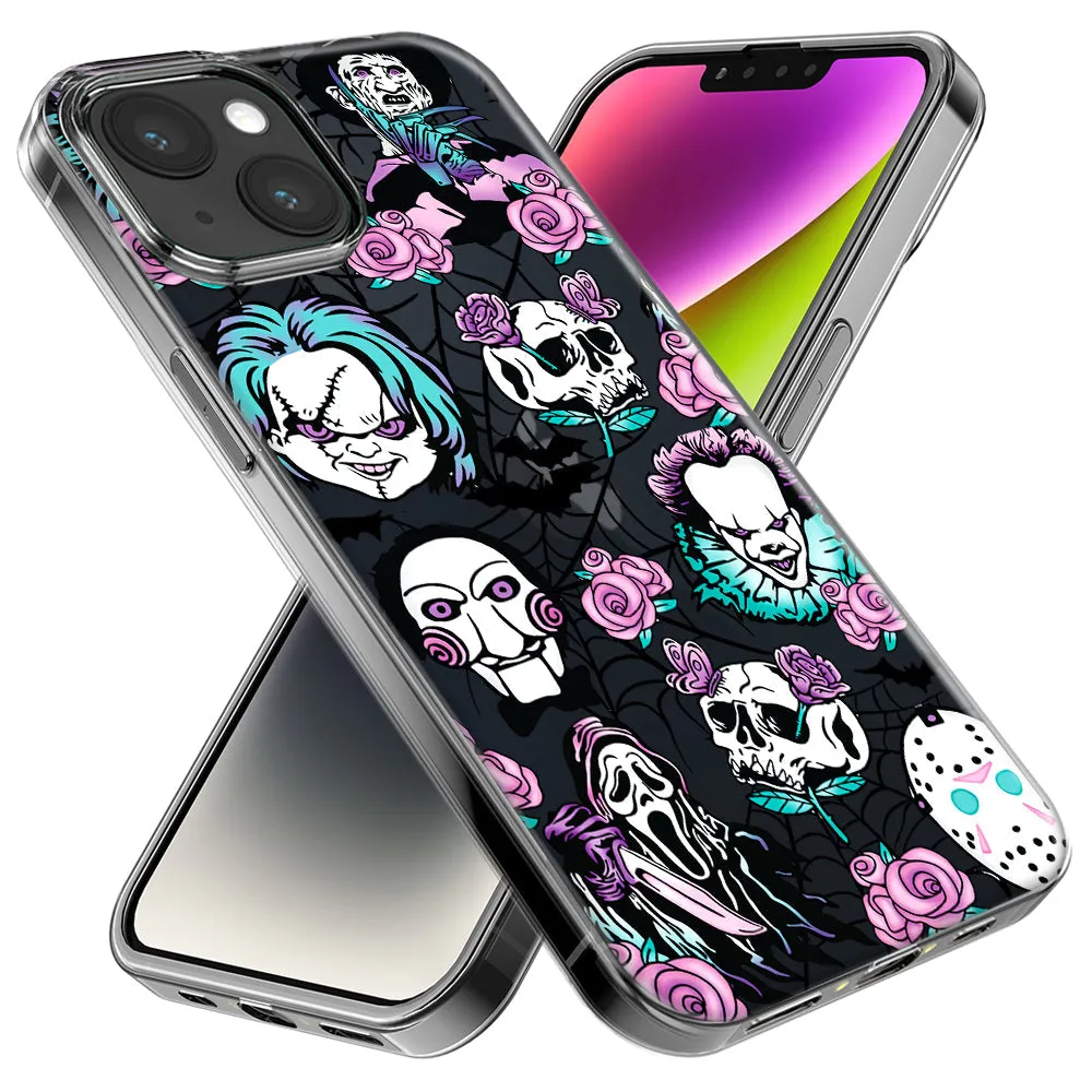 For Apple iPhone 15 Pro Roses Halloween Spooky Horror Characters Spider Web Design Hybrid Protective Phone Case Cover