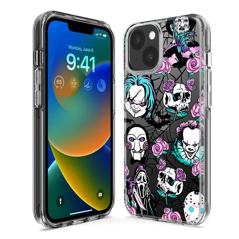 For Apple iPhone 15 Pro Roses Halloween Spooky Horror Characters Spider Web Design Hybrid Protective Phone Case Cover