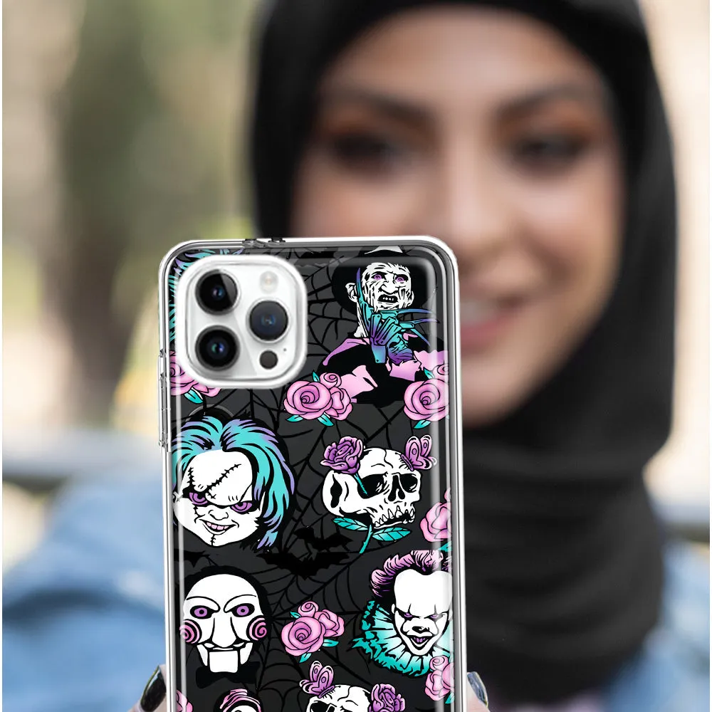 For Apple iPhone 15 Pro Roses Halloween Spooky Horror Characters Spider Web Design Hybrid Protective Phone Case Cover