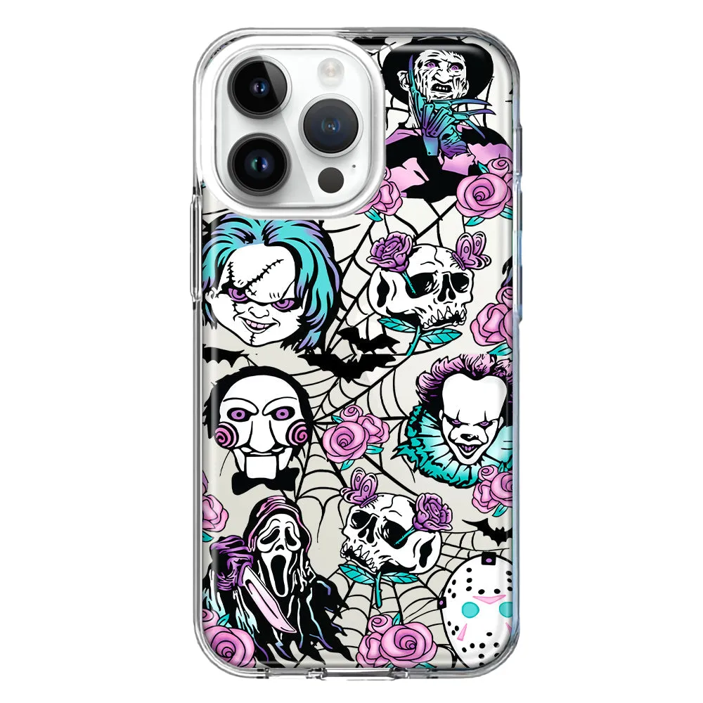 For Apple iPhone 15 Pro Roses Halloween Spooky Horror Characters Spider Web Design Hybrid Protective Phone Case Cover