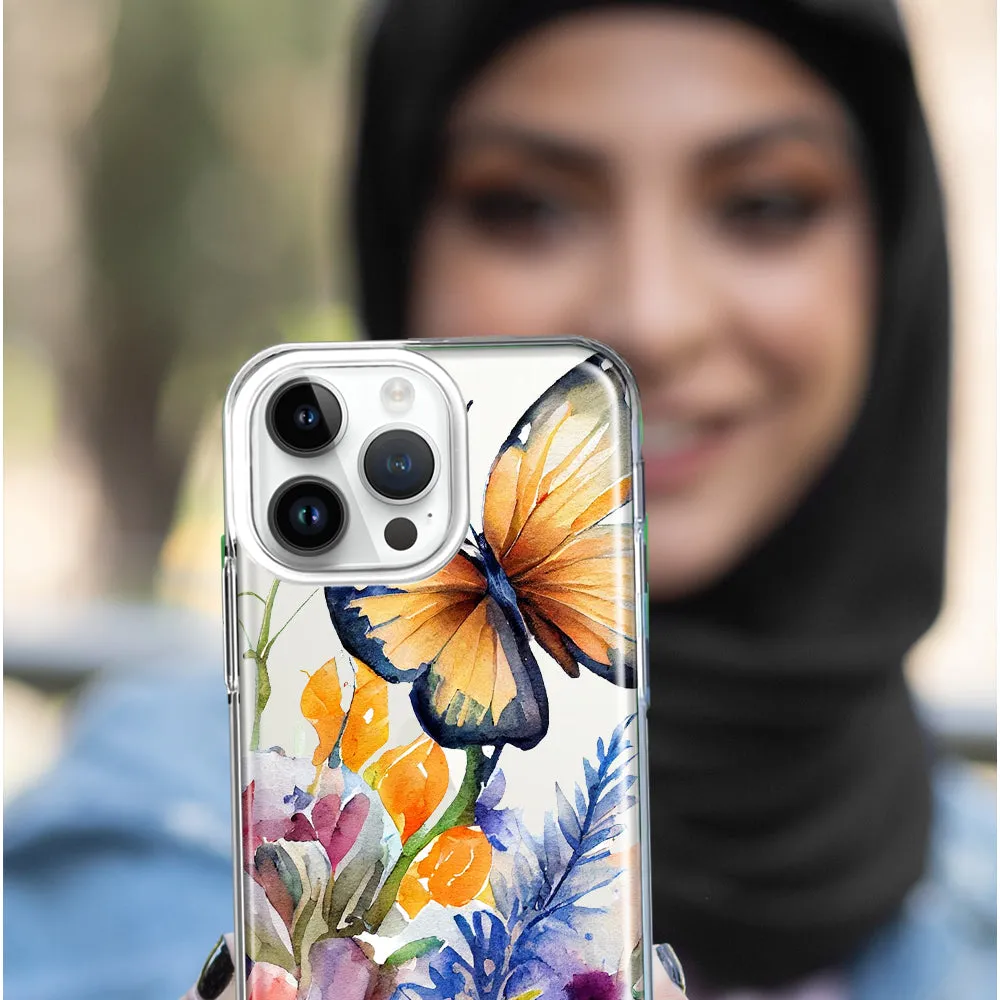For Apple iPhone 15 Pro Spring Summer Flowers Butterfly Purple Blue Lilac Floral Design Hybrid Protective Phone Case Cover