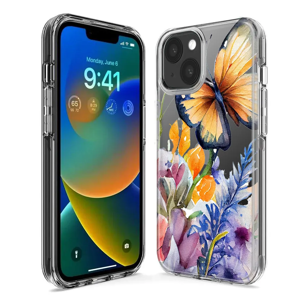 For Apple iPhone 15 Pro Spring Summer Flowers Butterfly Purple Blue Lilac Floral Design Hybrid Protective Phone Case Cover