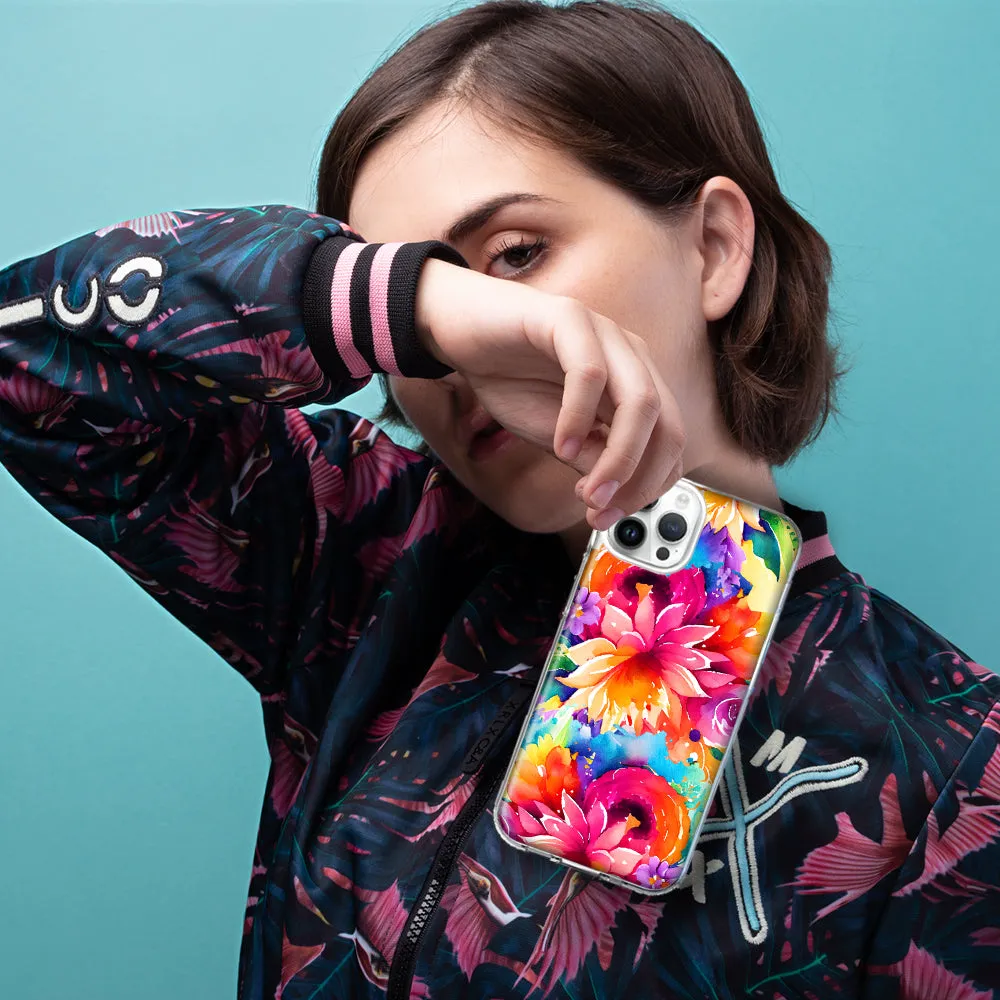 For Apple iPhone 15 Pro Watercolor Paint Summer Rainbow Flowers Bouquet Bloom Floral Design Hybrid Protective Phone Case Cover