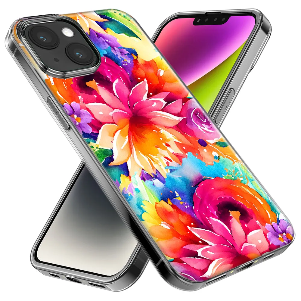 For Apple iPhone 15 Pro Watercolor Paint Summer Rainbow Flowers Bouquet Bloom Floral Design Hybrid Protective Phone Case Cover