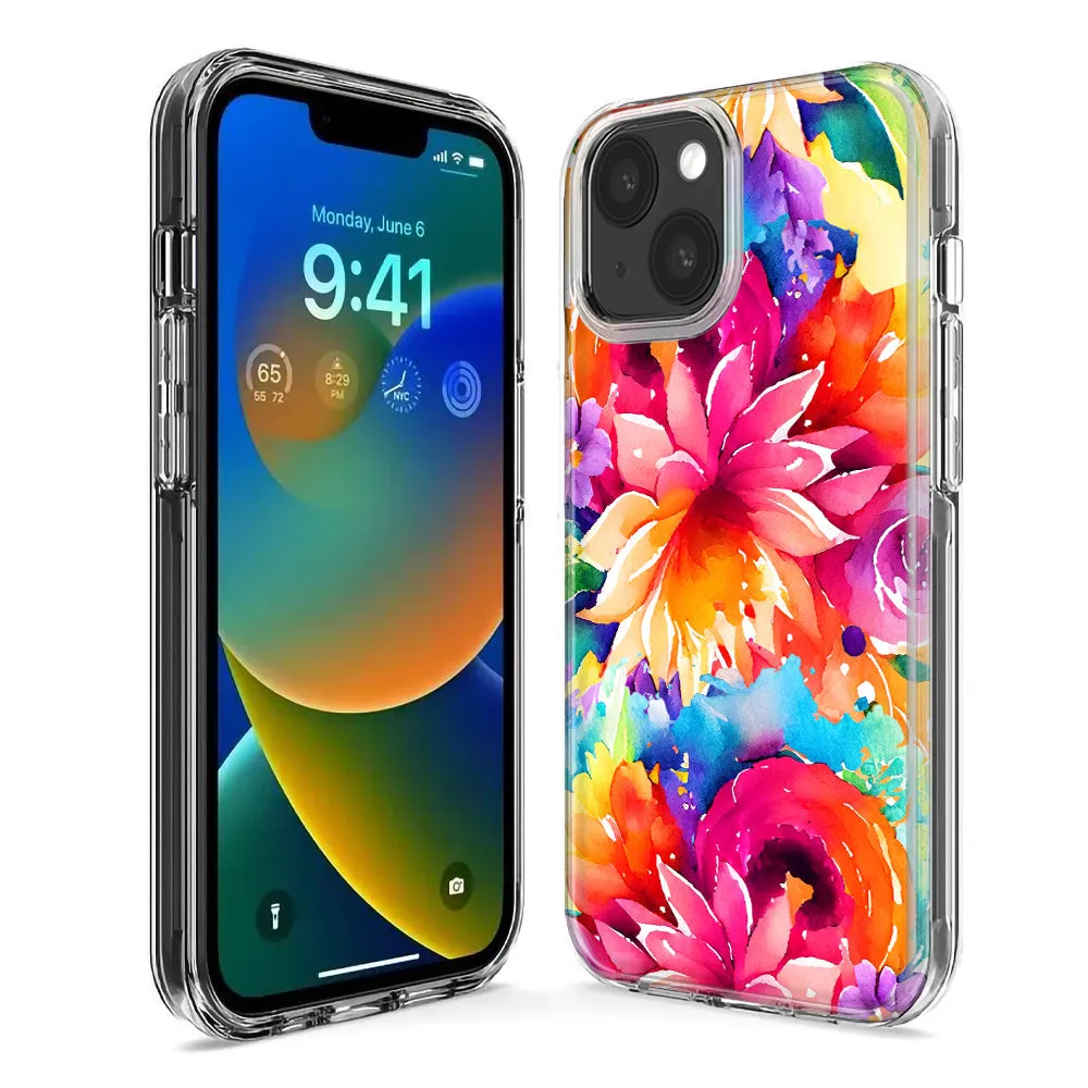 For Apple iPhone 15 Pro Watercolor Paint Summer Rainbow Flowers Bouquet Bloom Floral Design Hybrid Protective Phone Case Cover
