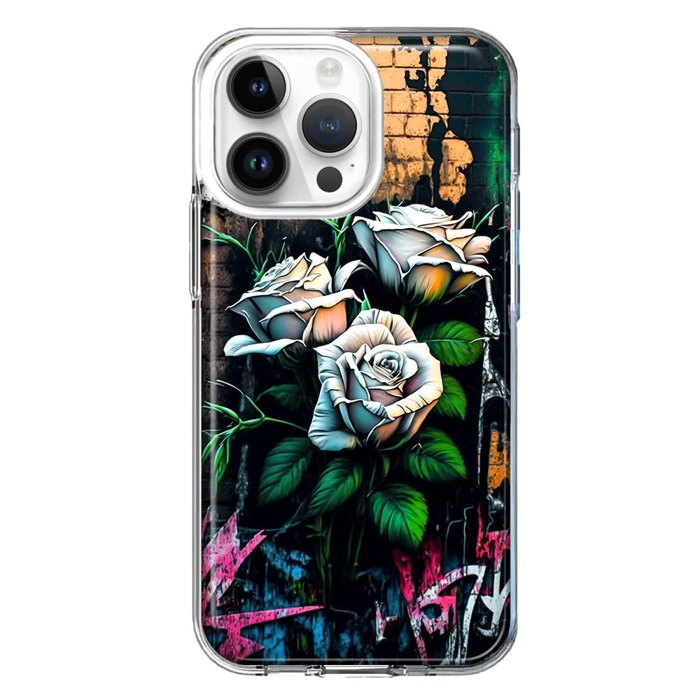 For Apple iPhone 15 Pro White Roses Graffiti Wall Art Painting Design Hybrid Protective Phone Case Cover