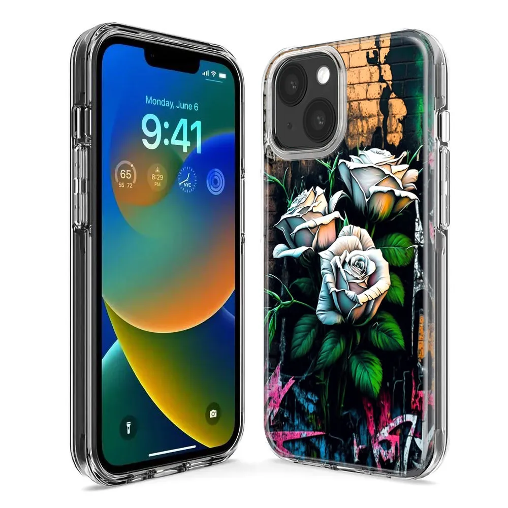 For Apple iPhone 15 Pro White Roses Graffiti Wall Art Painting Design Hybrid Protective Phone Case Cover