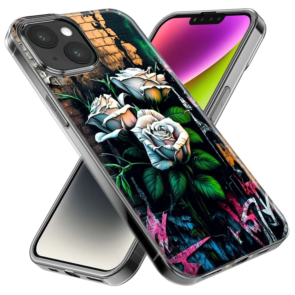 For Apple iPhone 15 Pro White Roses Graffiti Wall Art Painting Design Hybrid Protective Phone Case Cover