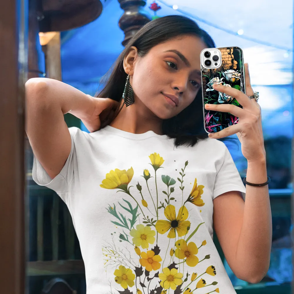 For Apple iPhone 15 Pro White Roses Graffiti Wall Art Painting Design Hybrid Protective Phone Case Cover