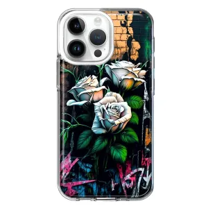 For Apple iPhone 15 Pro White Roses Graffiti Wall Art Painting Design Hybrid Protective Phone Case Cover