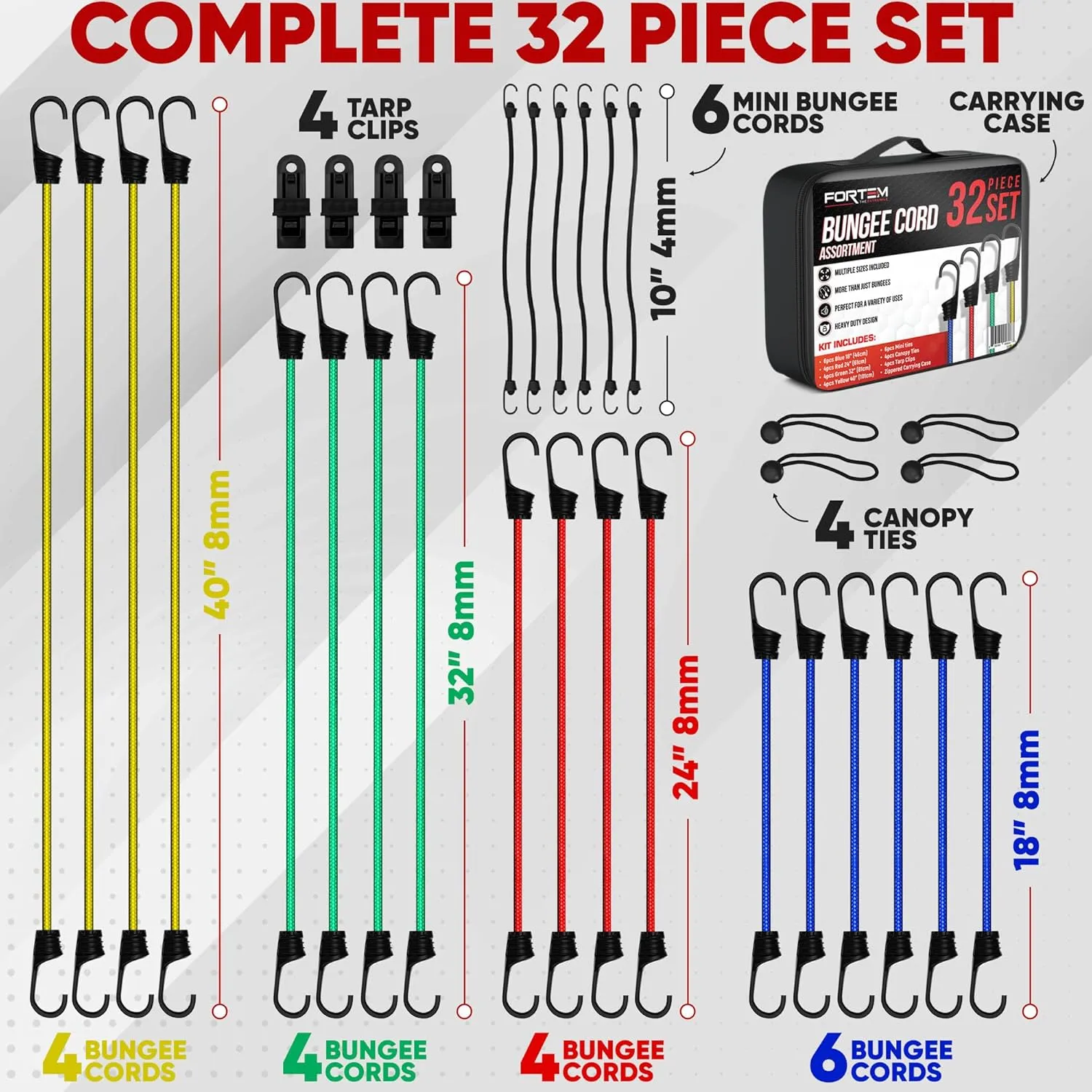 FORTEM Bungee Cord Assortment, 32pk Bungee Cords Multi Pack, Includes 10", 18", 24", 32", 40" Bungees and 8" Canopy/Tarp Ball Ties, Plastic Coated Metal Hooks