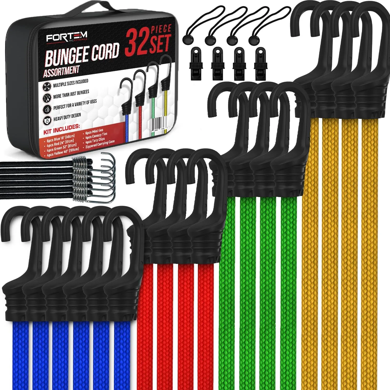 FORTEM Bungee Cord Assortment, 32pk Bungee Cords Multi Pack, Includes 10", 18", 24", 32", 40" Bungees and 8" Canopy/Tarp Ball Ties, Plastic Coated Metal Hooks