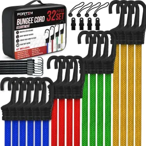 FORTEM Bungee Cord Assortment, 32pk Bungee Cords Multi Pack, Includes 10", 18", 24", 32", 40" Bungees and 8" Canopy/Tarp Ball Ties, Plastic Coated Metal Hooks
